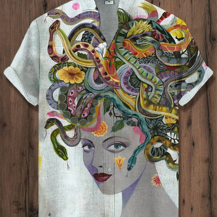 Men's Fashionable Stand up Collar Whale Pattern Retro Short Sleeve Button up Shirt High-Quality Streetwear New 2025