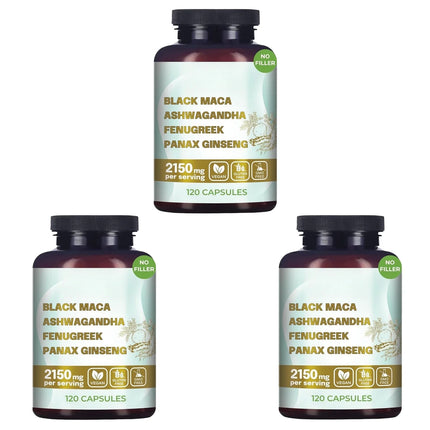 Original Black Maca Root, Ashwagandha, Panax Ginseng, Fenugreek Capsules, Male Enhancing Supplement Natural 4-in-1 Organic 18+