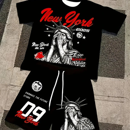 Spring And Summer American Trend 3D Printed Skull Men's Round-neck Top And Shorts, Hip-hop Style Trendy And Cool 2pcs Set
