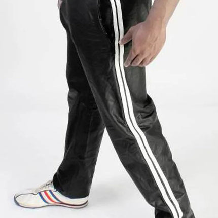 Men PU Leather Track Pants Casual Side Double Stripes Straight Leg Sport Trousers Elastic Waist Hip Hop Streetwear Joggers Pants