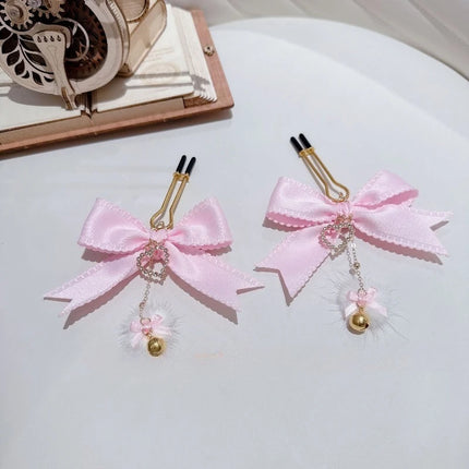 New Pink Bow Nipple Clips Heart-Shaped Gemstone Collar Leash Set with Body Chain Sexy Accessories Anal Plug with Tail Sex Toys