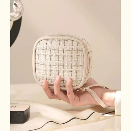 Women Makeup Pouch TikTok Viral Organizer Bag, Tweed Fabric Cosmetic Case with Long Handle for Travel Toiletries Sanitary Pads