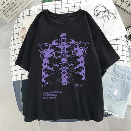 Geometric Pattern Print Harajuku Skeleton Women T-shirts Men Gothic Hip Hop Streetwear Black Goth Clothes Short Sleeve Top Y2k