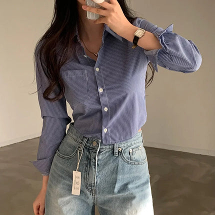 Spring High Waist Slim Fit Striped Shirt Women's Button up Polo Collar Cotton Polyester Blend Fashionable Korean Style