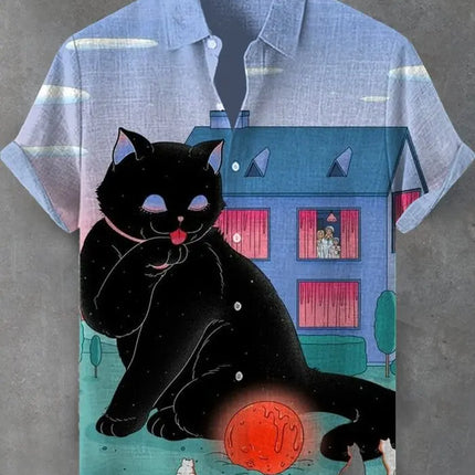 Men's Funny Cat Print Beach Shirts 3D Full Print Hawaiian Shirt for Men Women Summer Short Sleeve Lapel Aloha Shirt Blouse