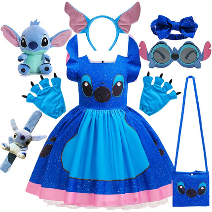 Disney Lilo and Stitch Same Style Girl Cosplay Stitch Halloween Party Dress + Accessories Summer Short-Sleeved Fluffy Cute Dress