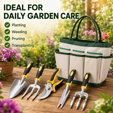 6PCS Garden Hand Tool Set with Storage Bag, Trowel Rake Fork Weeder Pruning Shears Kit for Planting Weeding Transplanting