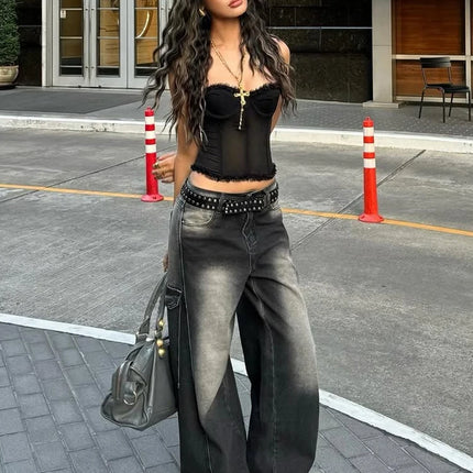 Nibber Folds Sexy Fishbone Strapless Tops Patchwork See Through Skinny Summer Backless Daily Street Versatile Sweet Clothes