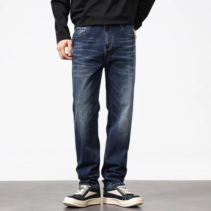 Brand jeans pants Men's Light Business Micro Stretch Straight Fit Denim Pants Vintage All Season Long Pants Deep blue versatile