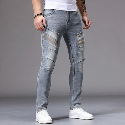 Men's Patchwork Skinny Ripped Jeans Fashion Trousers Elastic Slim Hole Biker Denim Pants Hip-hop Rock American Streetwear