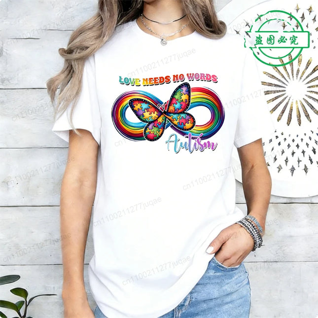 Love Needs No Words Autism Awareness T-Shirts, Infinity Butterfly Rainbow Graphic Tee, Support Neurodiversity, April Autism Gift