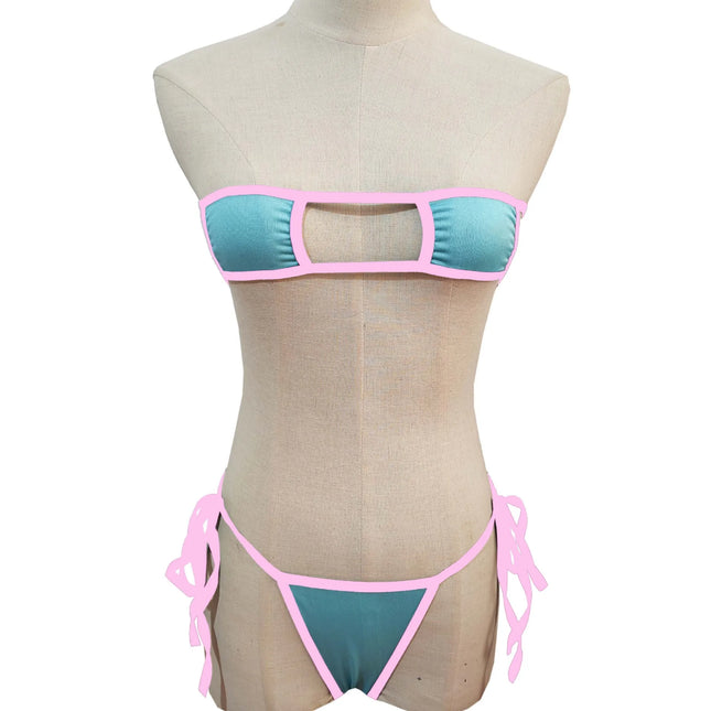 Sexy Hollow Out Bandeau Lingerie Women Tie Side String Thong Micro Bikini Two Piece Erotic Intimate Nightwear Multiple Colors