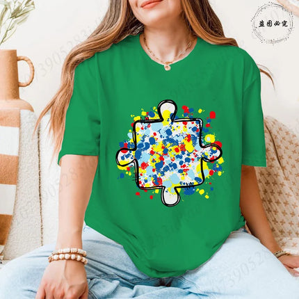 2026 Trendy Women's Autism Awareness T-shirts Creative Colorful Splatter Puzzle Graphic Female Clothing Short Sleeve Casual Tees