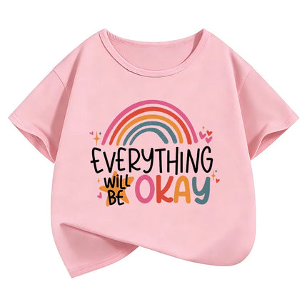 Everything Will Be Ok Rainbow Design Print T-Shirts Sweet Kids Children's T-shirt Boys Girls Summer Spring Casual Top Tee Shirt