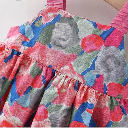 2 Pcs Summer Baby Girl Dress Sweet Oil Painting Flower Big Bow Cotton Cloth Dress Gift Hat Suitable for 0-3 Years Old