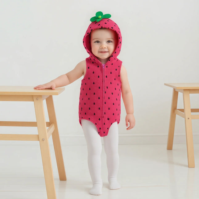 Baby Girls Romper Sleeveless Hooded Strawberry Seed Print Infant Bodysuit with Socks Cosplay Halloween Clothes