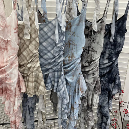 Women's Vintage Tie-dye Printed Mesh Spaghetti Strap Camisole Hot Girl Irregular Ruffled Ribbon Sleeveless Top Partyclub 1185