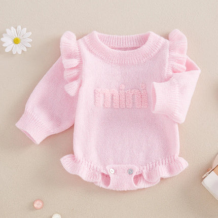 Newborn Baby Girls Knit Sweater Romper Long Flying Sleeve O Neck Mini Letter Embroidery Romper Jumpsuits