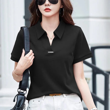 European Station Polo Neck Short sleeved T-shirt Women's Summer New Fashion Light Luxury Loose Large Cotton V-neck Casual Top