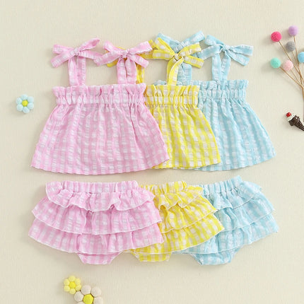 Toddler Girls Outfit Set Girl Clothes Suit Plaid Tie-Up Straps Sleeveless Tank Tops Elastic Waist Shorts Baby Clothing Sets