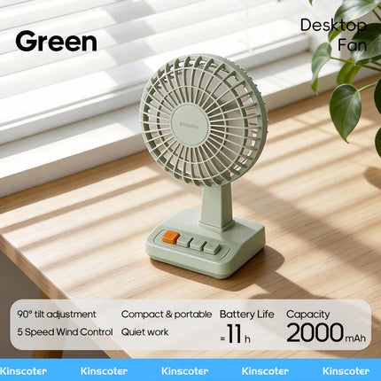 KINSCOTER Vintage Desktop Fan 2000mAh 90° tilt Adjustable Mini Rechargeable Fan 5 Gear Speed  for Home/Office/Student/Gift