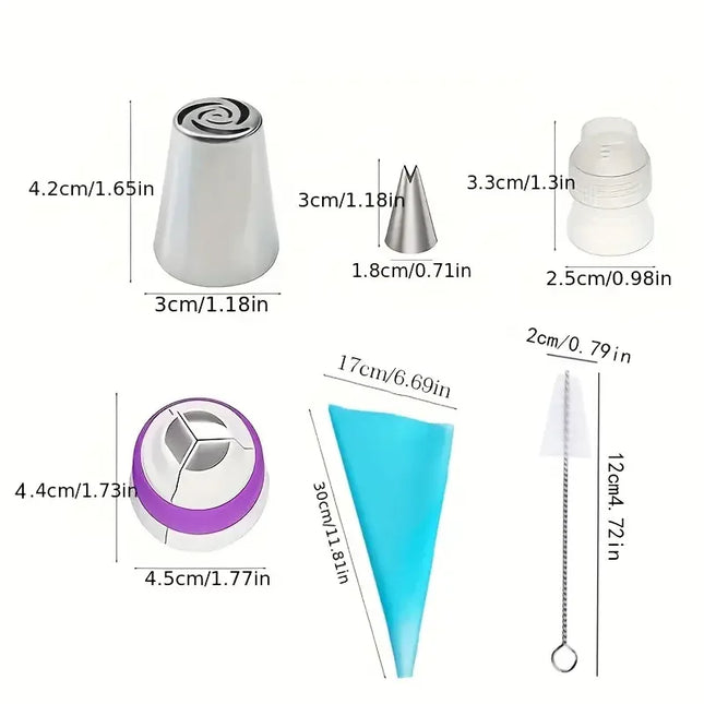 13PCS Russian Piping Tips Set Cake Decorating Kit- 7 Flower Nozzles,EVA Bag & Tools - for DIY Cake Puff Decoration Baking Tools