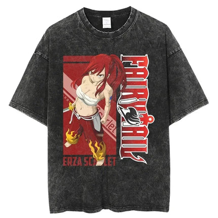FAIRY TAIL Anime Manga Peripherals T-shirt Natsu Lucy Happy Gray Graphic Print Washed Vintage Short Sleeve Men Women Cotton Tee