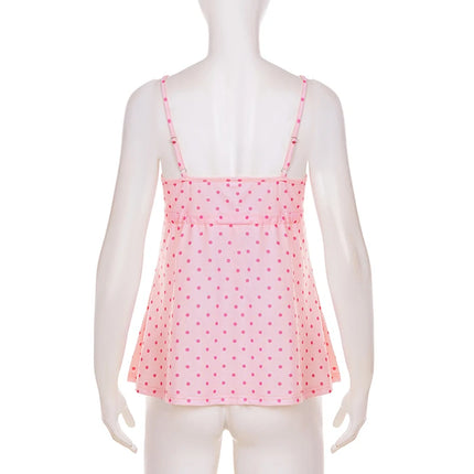 SUCHCUTE Chic Sweet Cute Polka Dot Print Bow Lace-up Camisole Women V Neck Sleeveless Crop Top Y2k Streetwear Slim Tanks Summer