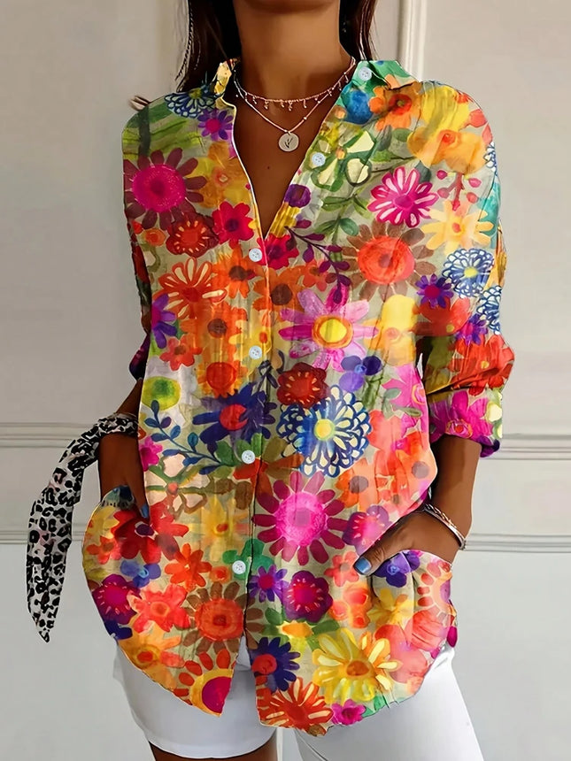 Plus Size Crushed Printed Button Casual Shirt Single Row Button Home Fashion Basic Versatile T-shirt