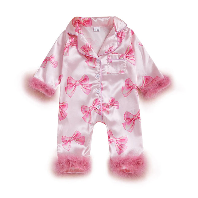 Baby Girls Pajamas Long Sleeve Bow Print Furry Patchwork Button Closure Jumpsuit Sleepwear Loungewear