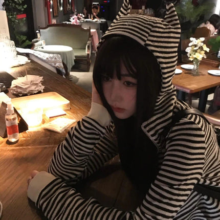 Vintage Sexy Stripe Loose Harajuku Devil's Cape Hooded Hoodies Women Diamond Hoody Y2k Aesthetic Grunge Zipper Sweatshirt Tops