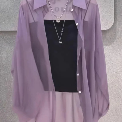 Plus Size Women’s Shirts 2025 Summer Breathable and Sun-Proof Ice Silk with Button Thin Loose Sheer Chiffon Blouses Long Sleeve