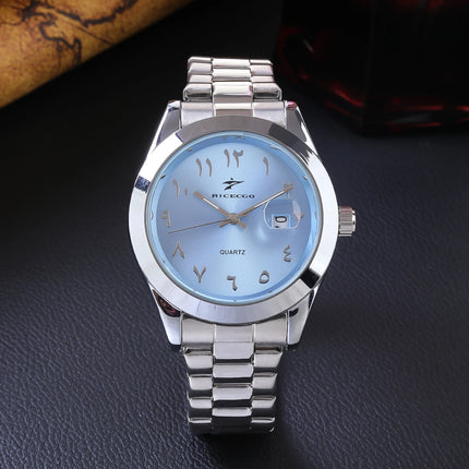A quartz wristwatch with a stainless steel strap and personalized dial, equipped with a date display function. The simple and atmo