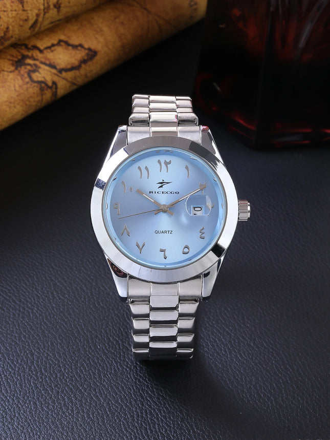 A quartz wristwatch with a stainless steel strap and personalized dial, equipped with date display function. The simple and atmo