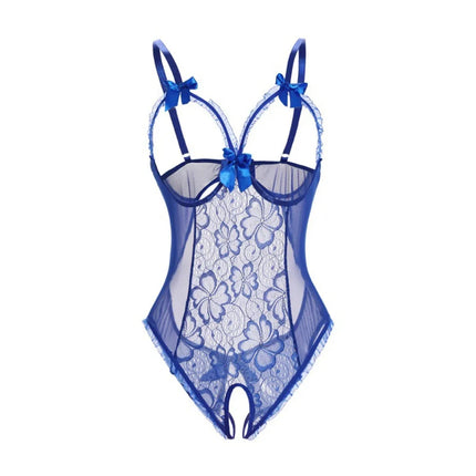 Fashion Deep V Lace Bow Bodysuit Mesh Hollow Transparent Lace Sling Nightwear Open Crotch Backless Sleeveless Jumpsuits Gifts