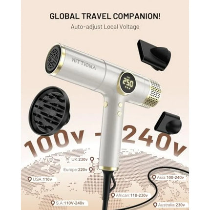 Travel hair dryer for curly hair, infrared ionic ceramic, black/white, 2000W fast drying, lightweight low-noise dual voltage wi
