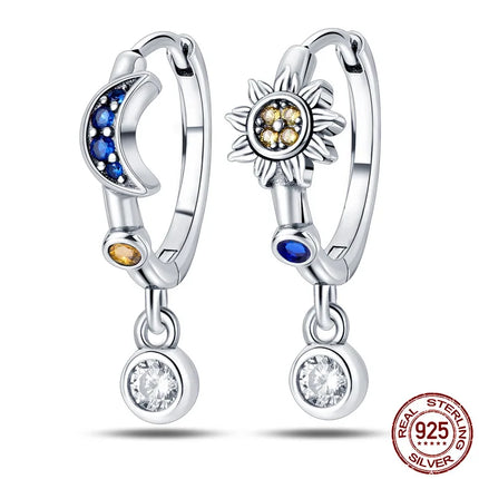 Luminous Shell Women Earrings Original 925 Sterling Silver Pave CZ Star Moon Hoop Earrings Engagement Wedding Jewelry