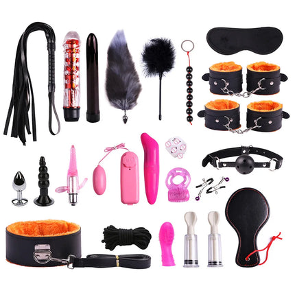 23PCS BDSM Bondage Set Handcuffs Ball Gag Whip Anal Plug Vibrator Egg Sex Toy for Women Men Couples Fetish Slave Role Play Kit