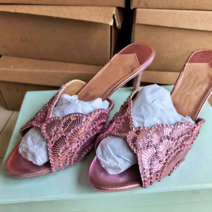 2026 French Sequin High-heeled Fashion Runway Show Single Strap, European and American Women's Sexy One-piece Buckle Sandals