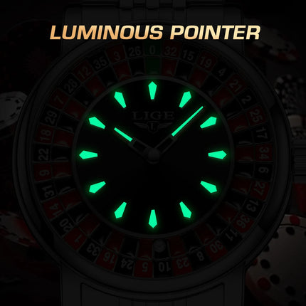 LIGE Fashion Men Watch Rotating Dial Las Vegas Roulette Desktop Theme Watch Men Waterproof Luminous Clock Watches Creative Clock