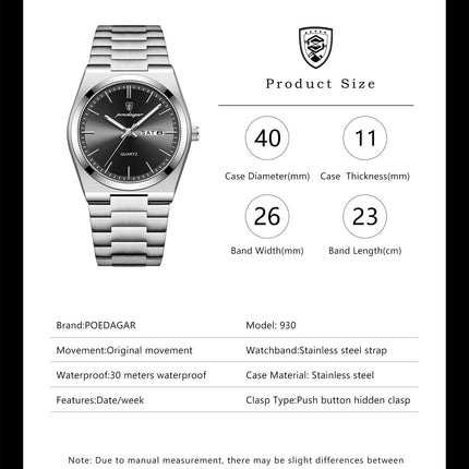POEDAGAR Luxury Men's Quartz Wristwatch Waterproof Luminous Date Week Man Watch Stainless Steel Business Fashion Watches For Men
