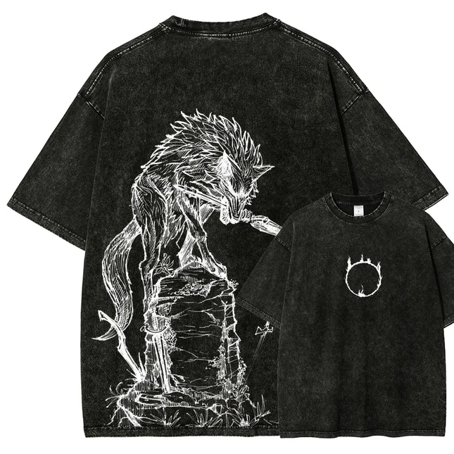 Classic Action Role-playing Game Dark Souls Peripherals Print T-shirt Street Harajuku Men Women Retro Washed Cotton Oversize Top