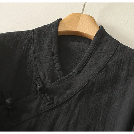 Loose Fit Long Sleeve Shirt New Autumn 2025 Chinese Style Button Zen Study Robe Tea Ceremony Side Buttoned Cotton Linen Shirt