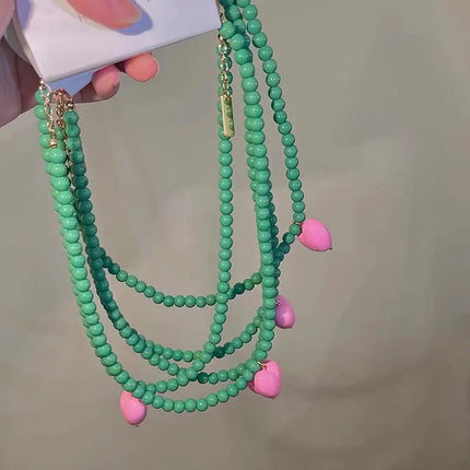 New Trend Vintage Resin Acrylic Pink Love Heart Green Beaded Necklace for Women Aesthetic Jewelry Fashion Neck Accessories