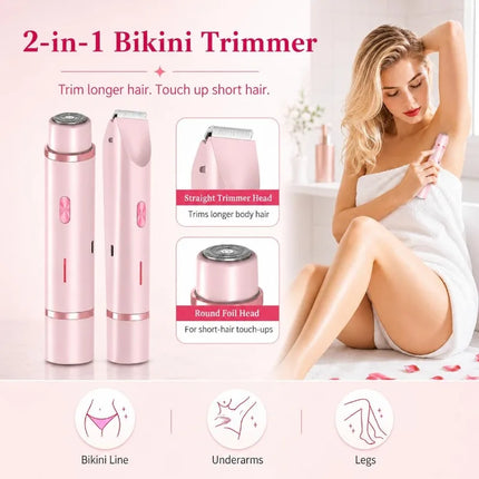 Bikini Trimmer for Women, 2-in-1 Electric Razor with Dual Heads, IPX7 Waterproof Wet/Dry Body Groomer for Bikini Line, Underarms, Legs & Face, Rechargeable Cordless Shaver