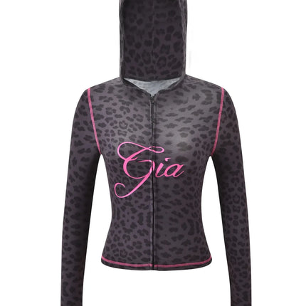 Gia Slim-Fit Letter Print Topstitching Design Hooded Zip-Up Jacket and Pants Set