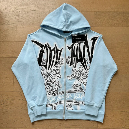 Mixed Emotion Zipper Hoodie Thin Pure Cotton Print Diamond Pattern Casual Streetwear Sweatshirt Red