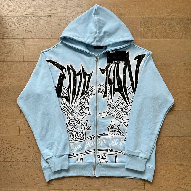 Mixed Emotion Zipper Hoodie Thin Pure Cotton Print Diamond Pattern Casual Streetwear Sweatshirt Red