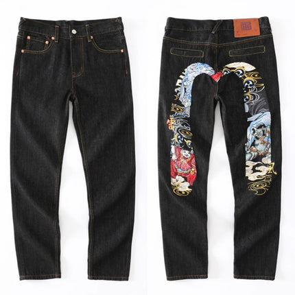 Japanese Handmade Embroidered Jeans Men's Pure Cotton Straight Tube Hip-Hop Popular Slim Red Ears Show Thin Trousers Devil Big M