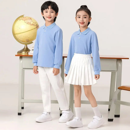 Spring Autumn Tops School Wear Clothing Blue White Cotton T-shirts Kids Boys Girls Polo Shirts 2025 New Arrival Children Casual